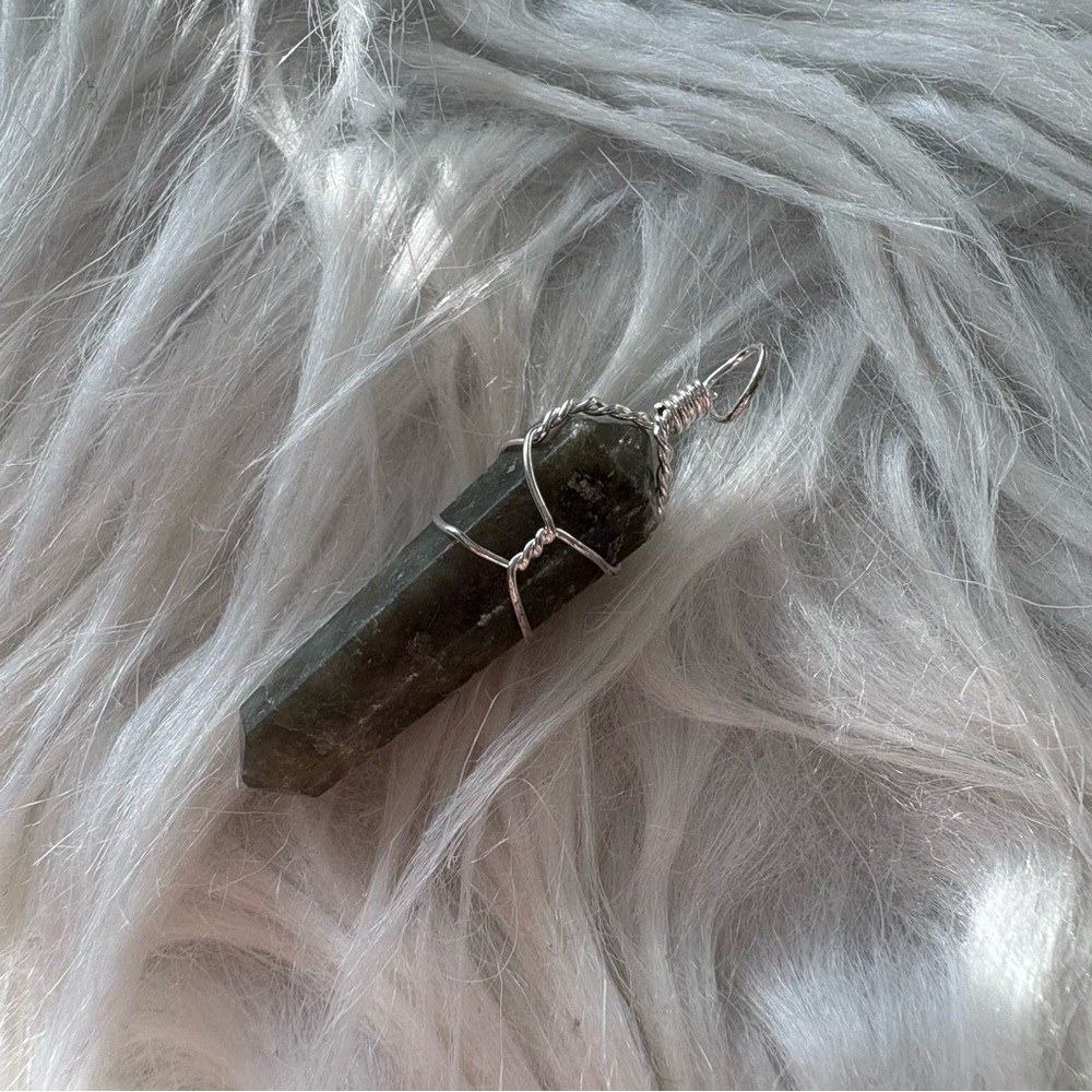 Green Flame Pendant | Vesuvianite Crystal Necklace | Silver Wrap Healing Stone - Picture 4 of 5